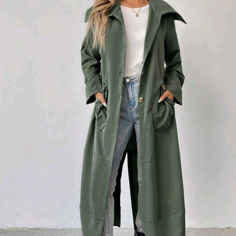 Casual Solid Color Double Pocket Long Jacket - Picture 4 of 7